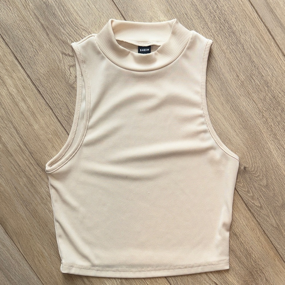 SHEIN Nude Cream Sleeveless Mock Turtle Neck Tank Top Shirt